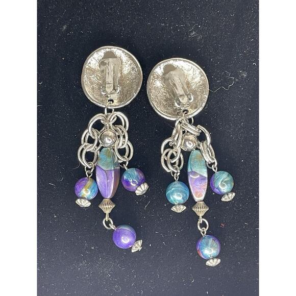 Vintage 80s Statement Silver & Beaded Teardrop Earrings Clip On Boho Western - Picture 3 of 5